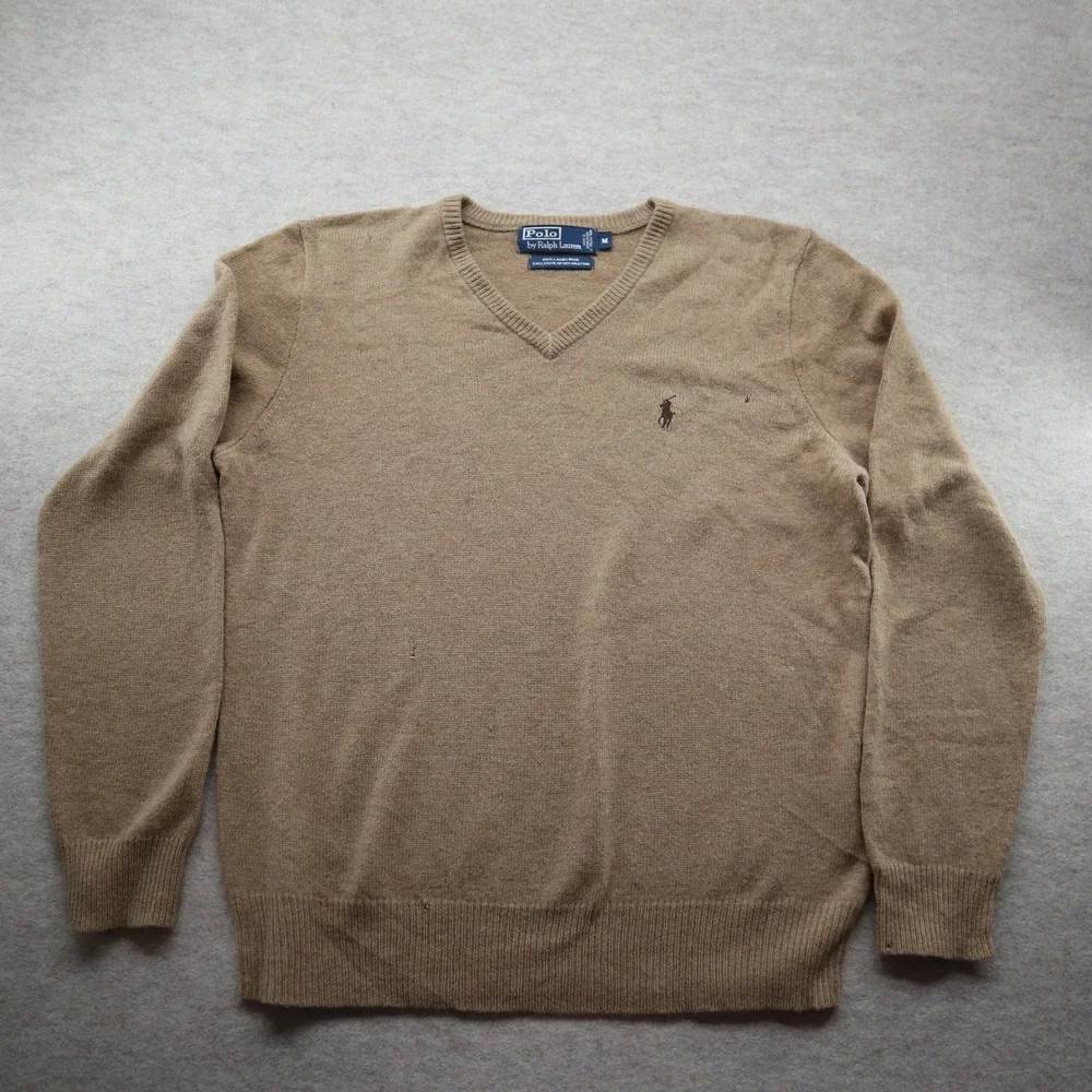Polo Ralph Lauren Sweater M V-Neck Y2K Lambswool Tan Pony Logo